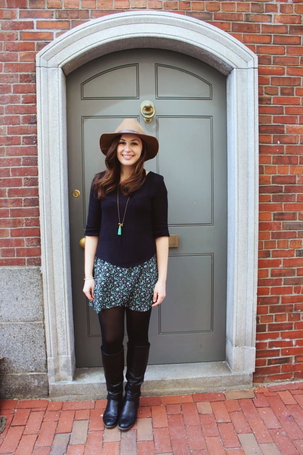 Photo credit: Andrea Barriga (Hat: H&M, Top: Urban Outfitters, Necklace: Bandanna, Bracelet: Alex & Ani, Bracelet: Nordstrom, Ring: from a market in London, Skirt: Forever 21, Tights: Vera Wang, Boots: Kohl's) 